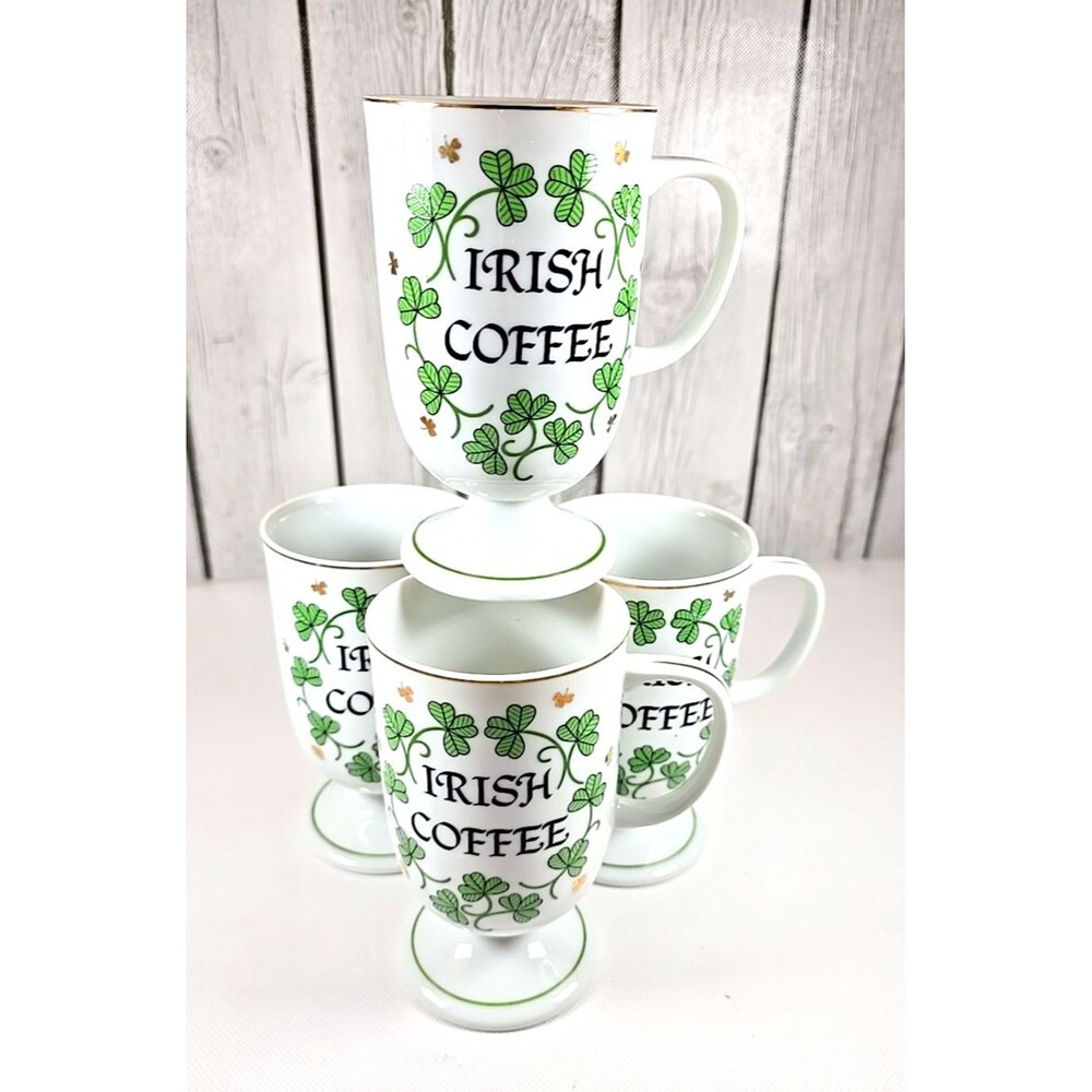 Vintage Irish Coffee Footed Mugs Set of 4 Gold Trim Shamrocks 8 oz Mugs